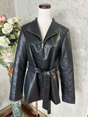 Cole Haan Black Faux Leather Zip-Front Jacket